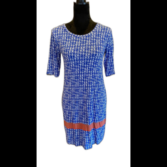 Antibes Blanc Royal Blue w/ anchor Pattern Stretchy 3/4 Sleeve Size Small Dress - Picture 2 of 11